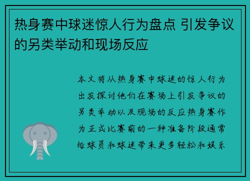 热身赛中球迷惊人行为盘点 引发争议的另类举动和现场反应